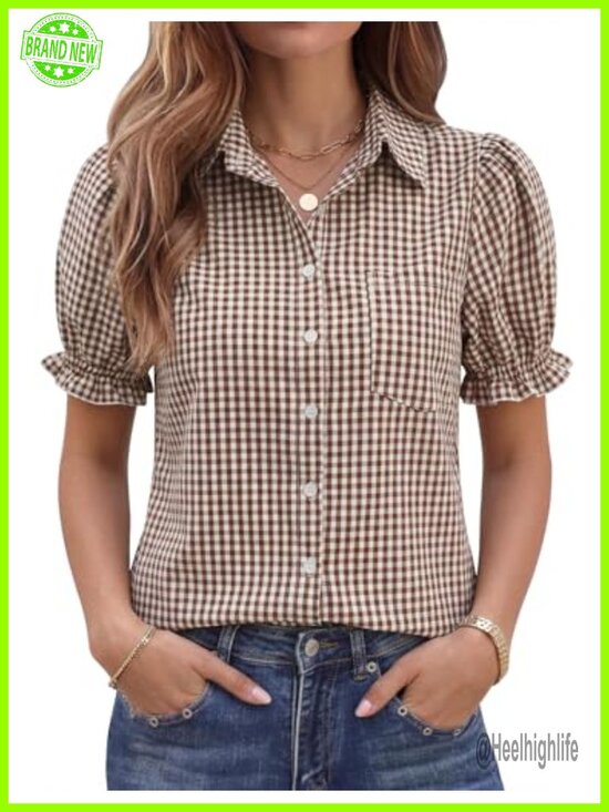 Tops - Linen Puff Sleeve Button Down Blouse - Casual Work Top